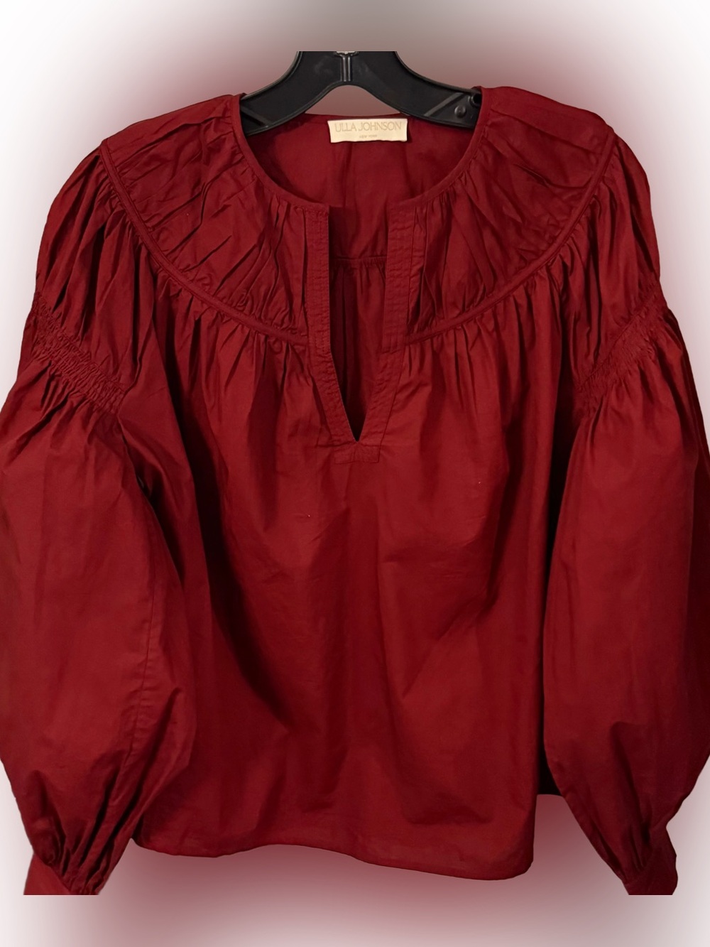 Ulla Johnson “Ora” Blouse Bordeaux Bishop Sleeve Split V-Neck Sz 2 NWOT